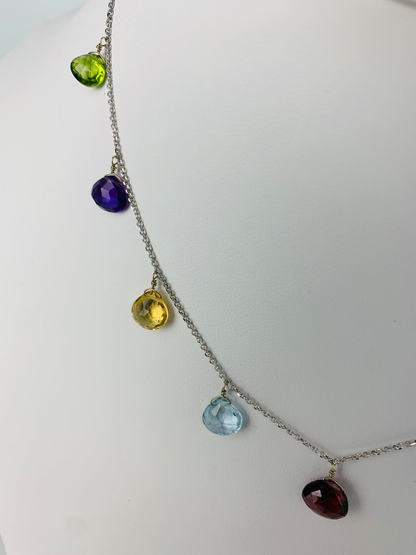 16"-17" Multicolored Gemstone 9 Station Dangly Necklace in 14KW - NCK-617-DNGGM14W-MLTI-17
