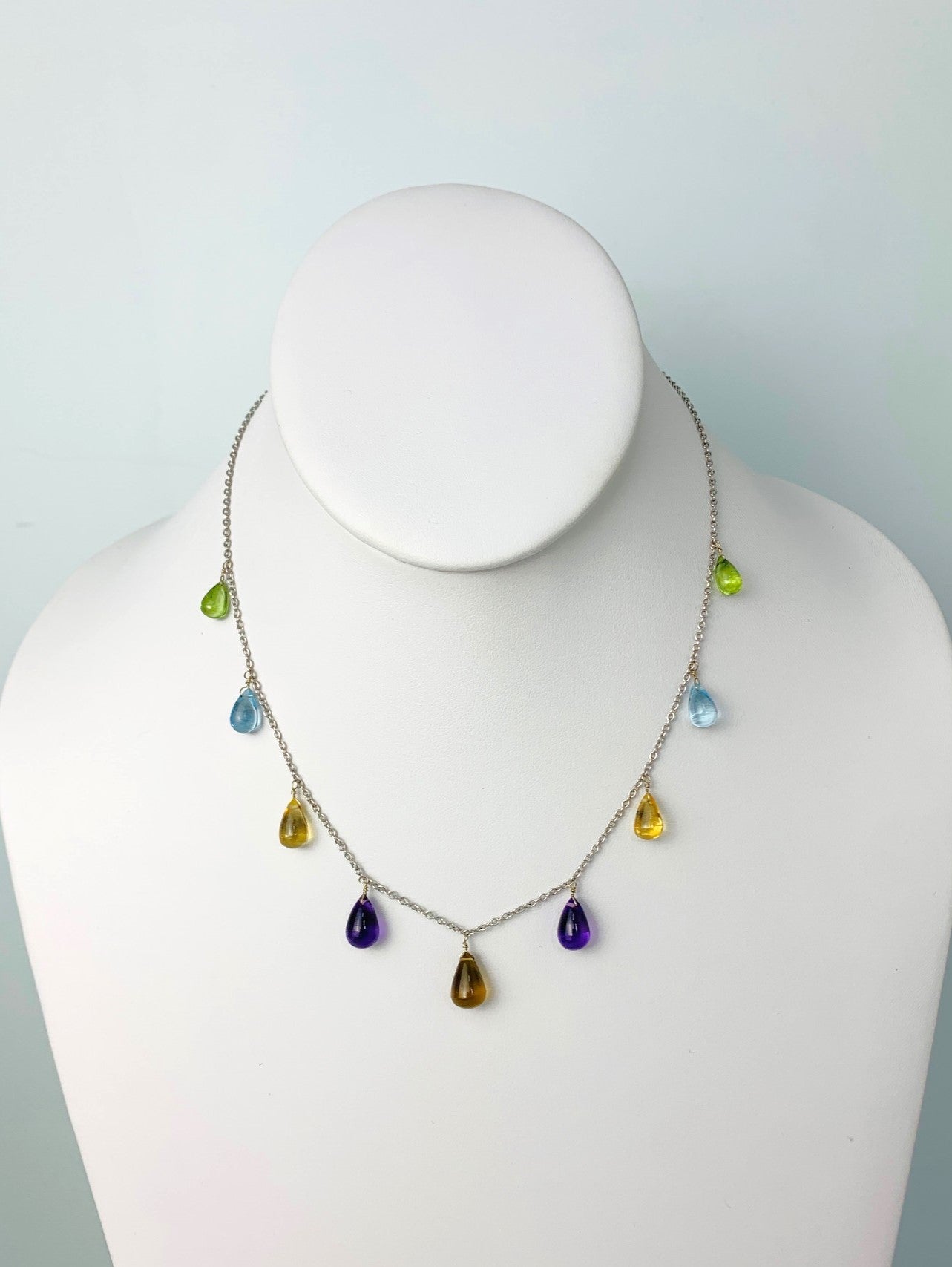 16"-17" Multicolored Gemstone 9 Station Dangly Necklace in 14KW - NCK-618-DNGGM14W-MLTI-17
