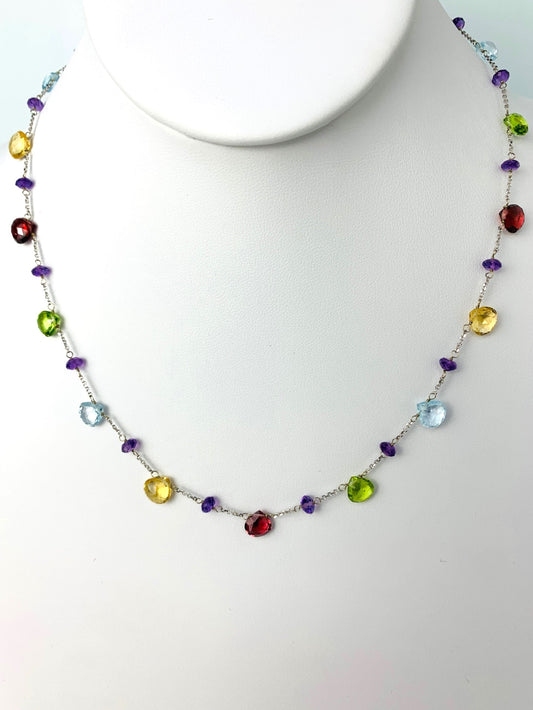16"-17" Multicolored Gemstone 29 Station Dangly Necklace in 14KW - NCK-619-DNGGM14W-MLTI-17