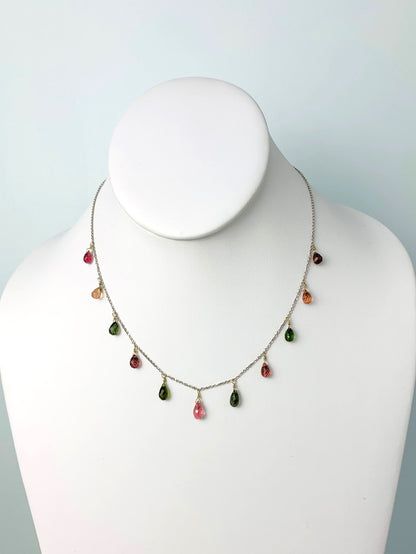 16" Multicolored Tourmaline 11 Station Dangly Necklace in 18KW - NCK-621-DNGGM18W-GTPT-16