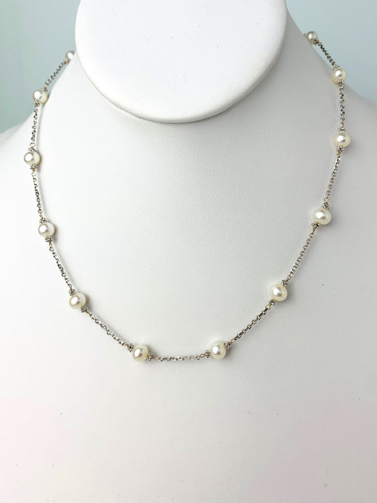 16"-17" White Pearl Station Necklace With Rondelle Accents in 14KW - NCK-627-TNCPRL14W-WH