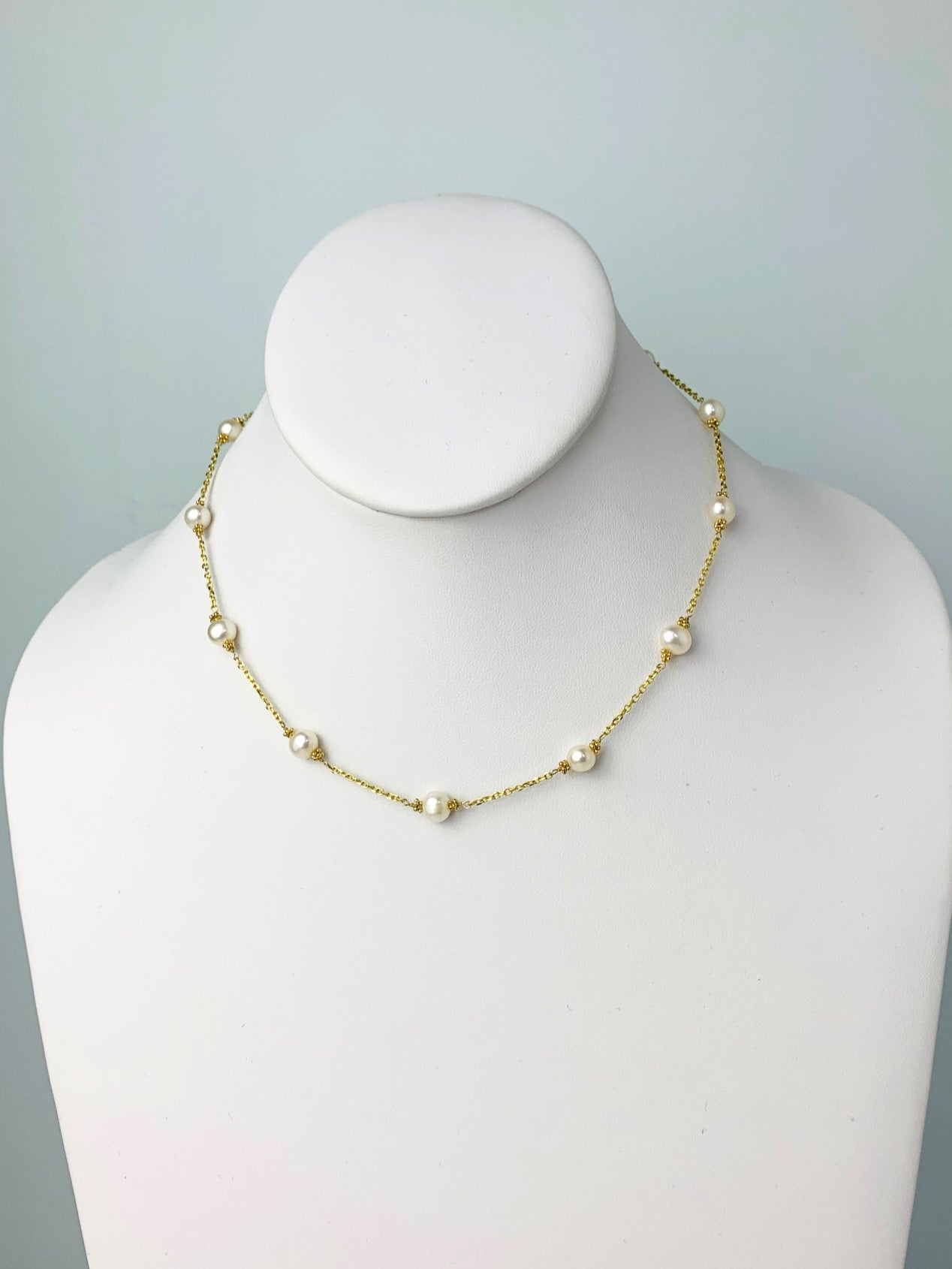 16"-17" White Pearl Station Necklace With Rondelle Accents in 14KY - NCK-627-TNCPRL14Y-WH