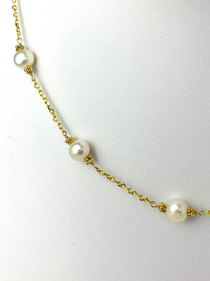 16"-17" White Pearl Station Necklace With Rondelle Accents in 14KY - NCK-627-TNCPRL14Y-WH