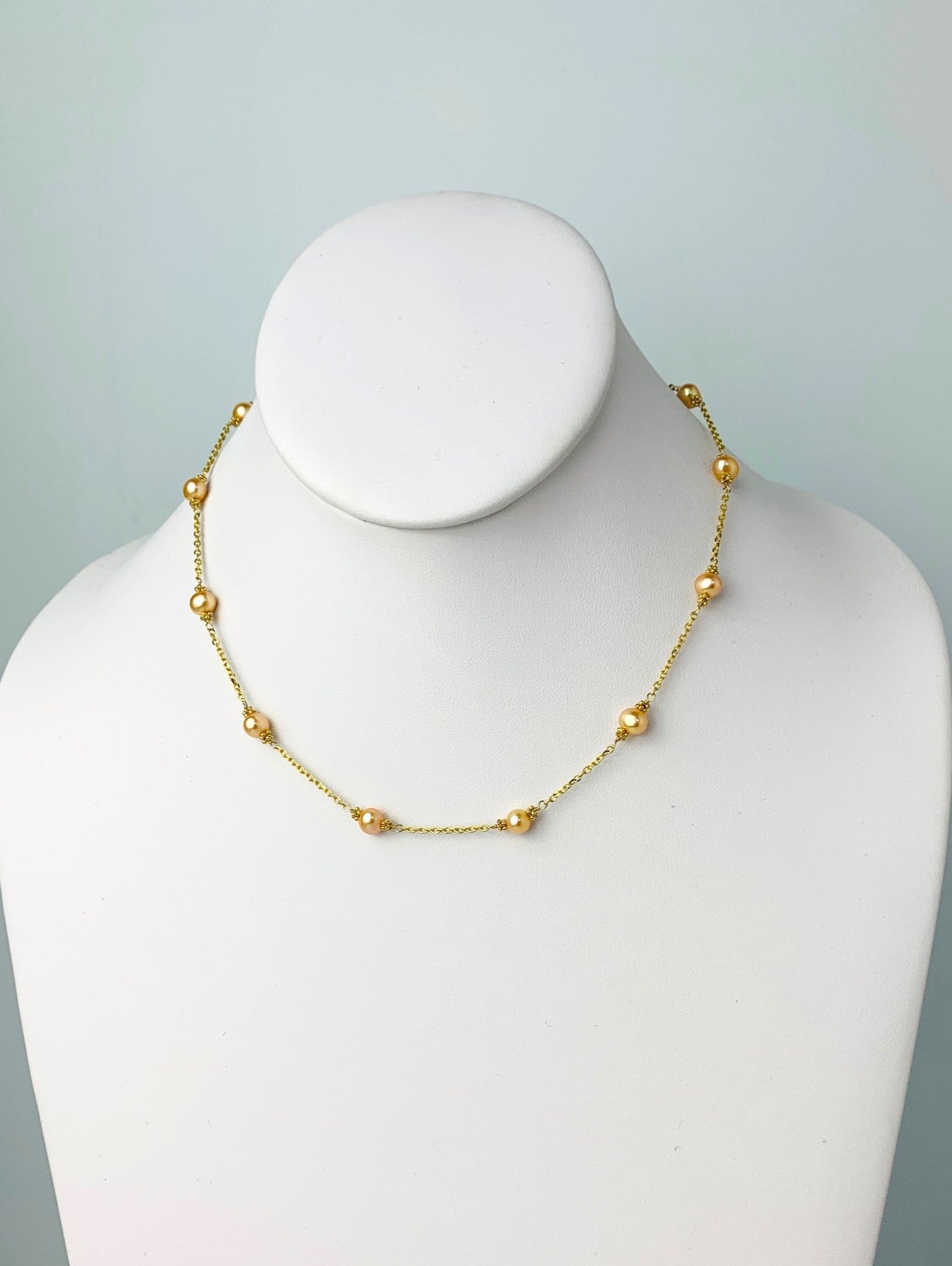 16" Gold Pearl Station Necklace With Rondelle Accents in 14KY - NCK-627-TNCPRL14Y-YL