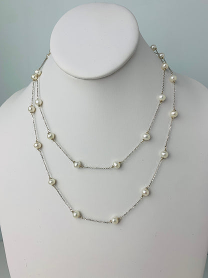 38" White Pearl Station Necklace With Rondelle Accents in 14KW - NCK-628-TNCPRL14W-WH-38