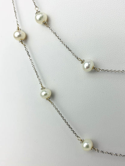 38" White Pearl Station Necklace With Rondelle Accents in 14KW - NCK-628-TNCPRL14W-WH-38
