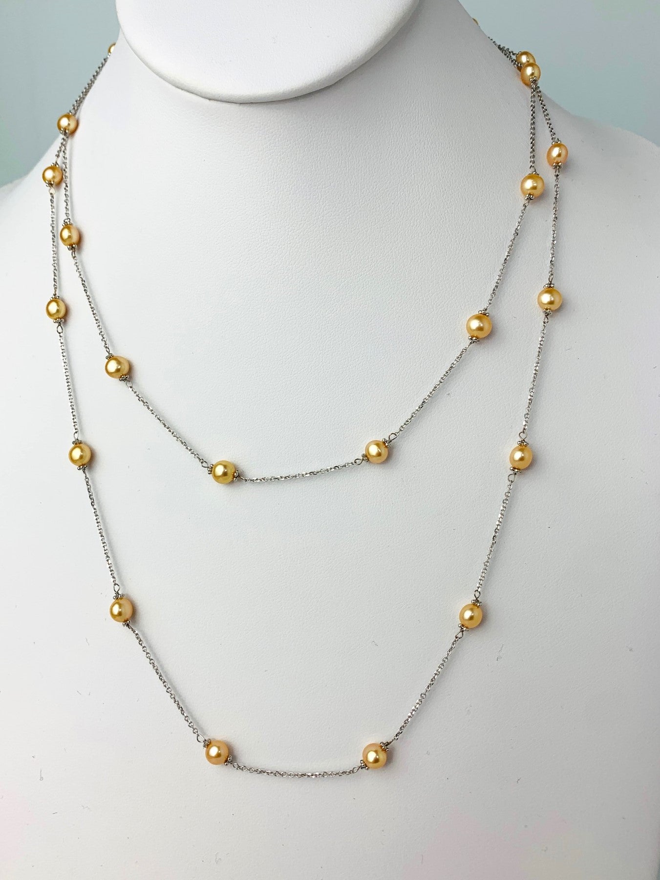 40" Gold Pearl Station Necklace With Rondelle Accents in 14KW - NCK-628-TNCPRL14W-YL-40