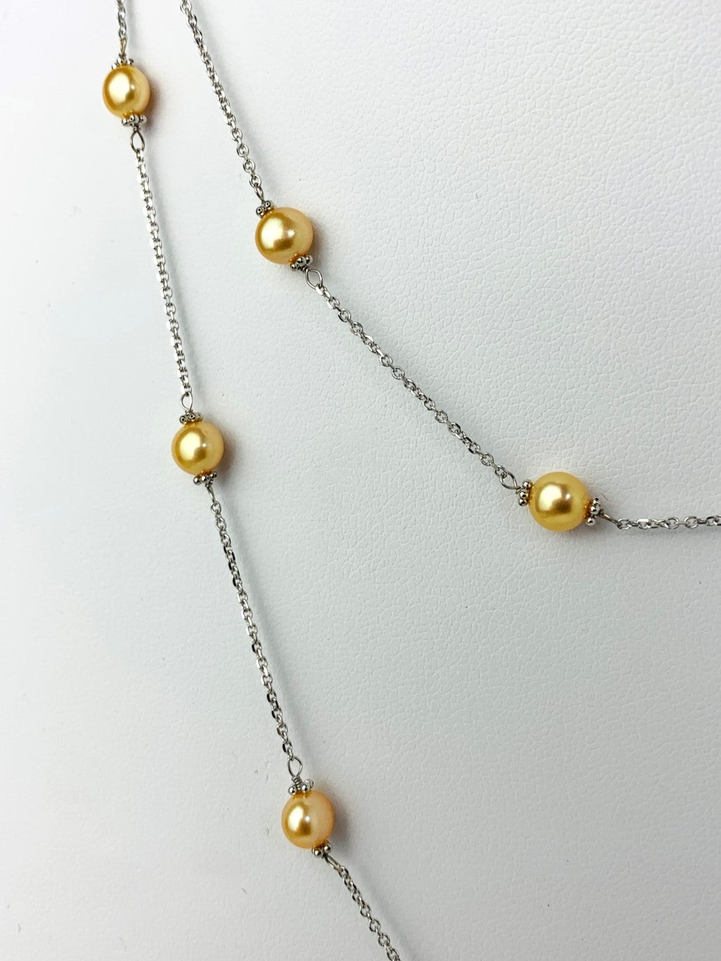 40" Gold Pearl Station Necklace With Rondelle Accents in 14KW - NCK-628-TNCPRL14W-YL-40