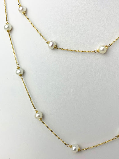 36"-38" White Pearl Station Necklace With Rondelle Accents in 14KY - NCK-628-TNCPRL14Y-WH