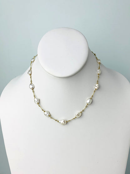 15.5" White Keshi Pearl Station Necklace On Fun Chain in 14KY - NCK-630-TNCPRL14Y-WH-15.6
