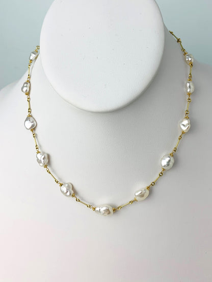 15.5" White Keshi Pearl Station Necklace On Fun Chain in 14KY - NCK-630-TNCPRL14Y-WH-15.6