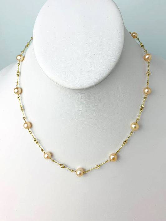 16.5" Pink Freshwater Pearl Station Necklace On Fun Chain in 14KY - NCK-630-TNCPRL14Y-PK-16.5