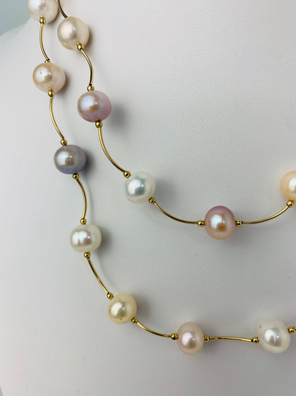 36" Pink Gold And White Freshwater Pearl Station Neckalce With Gold Tube Beads in 14KY - NCK-631-TNCPRL14Y-MLTI-36