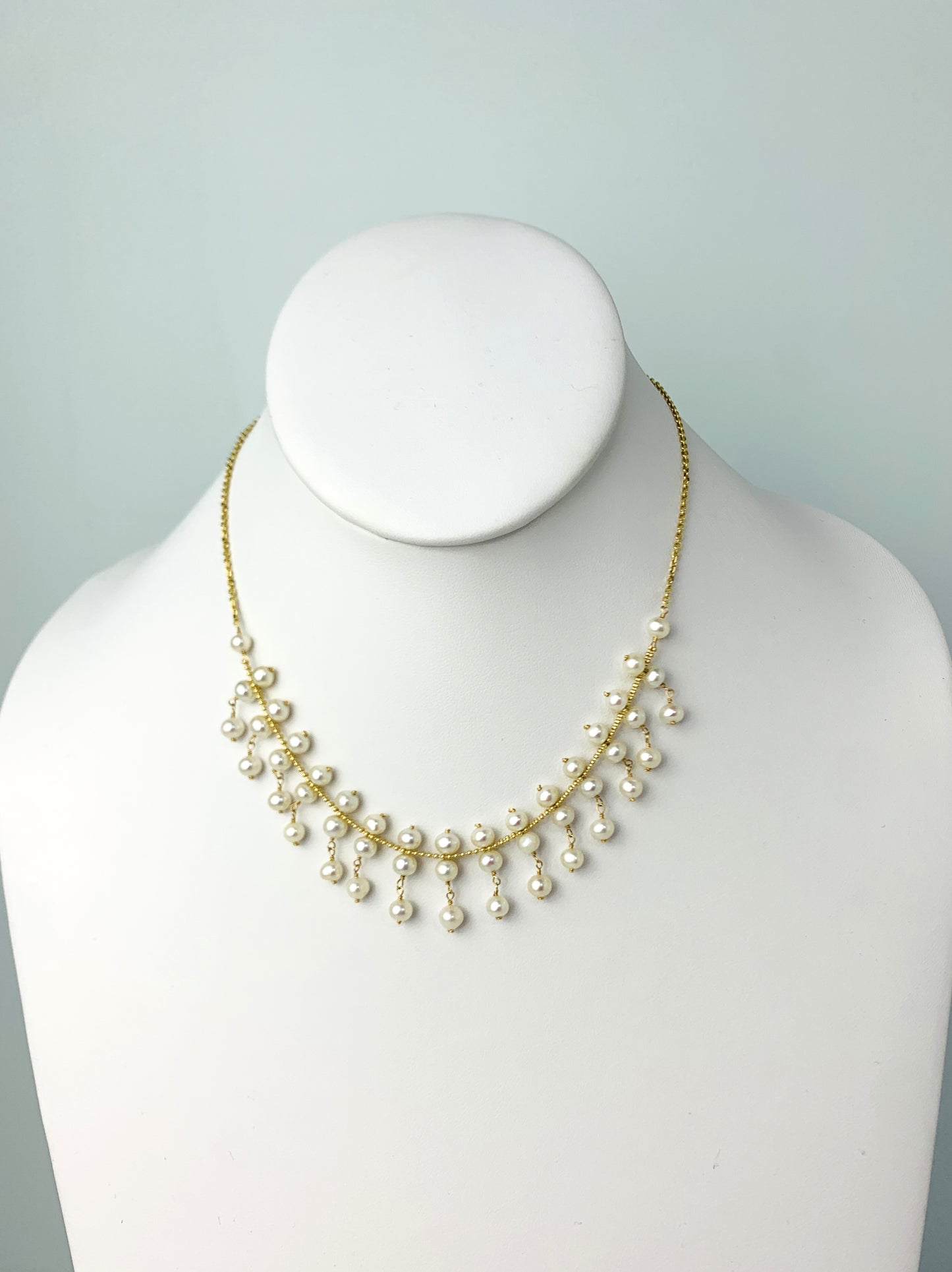 16"-17" White Freshwater Pearl Statement Necklace in 14KY - NCK-632-DNGPRL14Y-WH-17