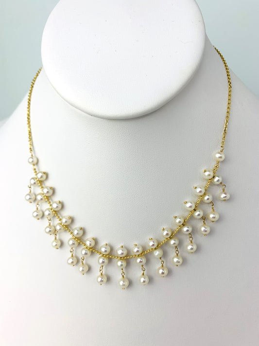 16"-17" White Freshwater Pearl Statement Necklace in 14KY - NCK-632-DNGPRL14Y-WH-17