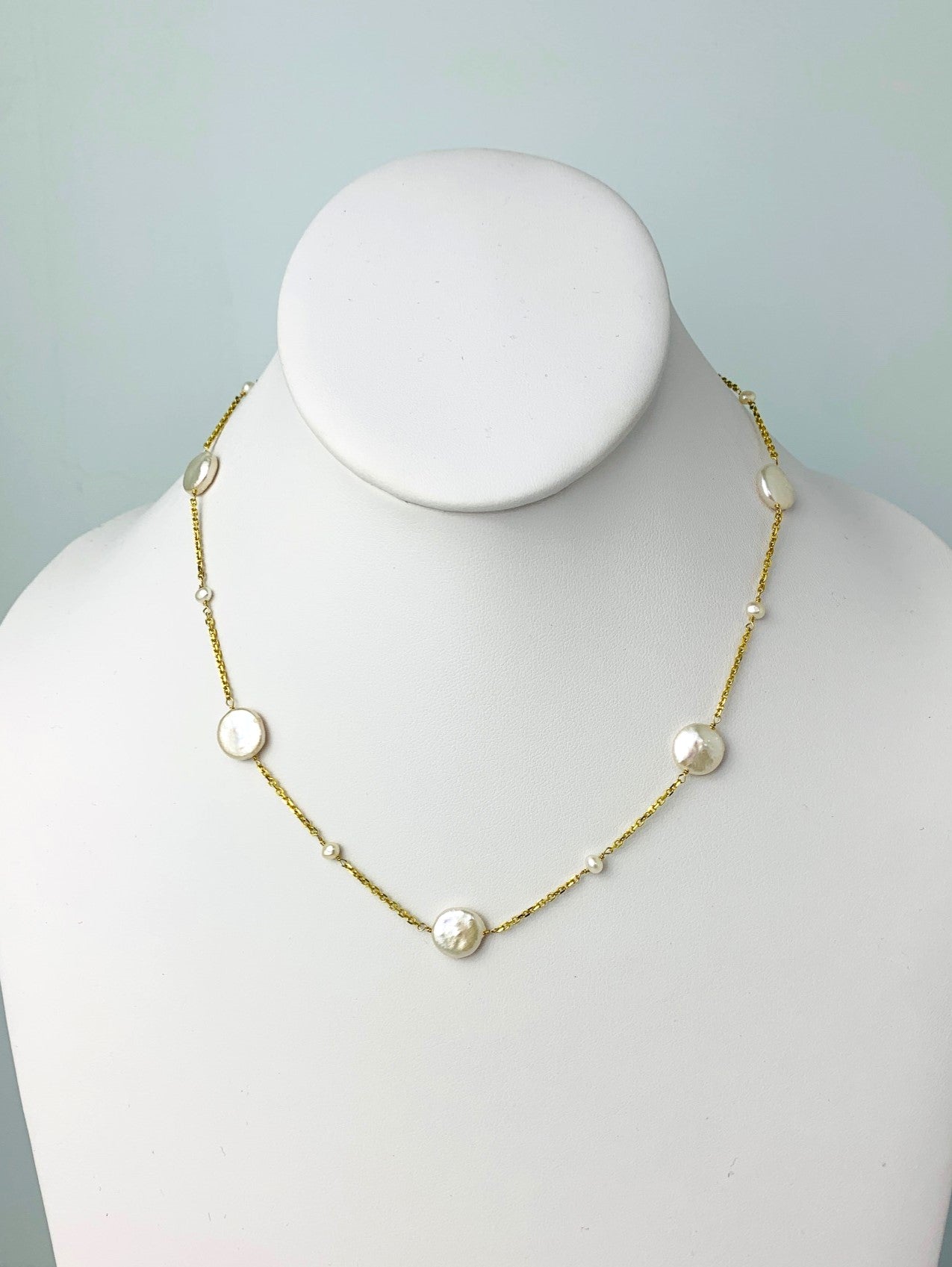 17" White Freshwater Pearl Station Necklace in 14KY - NCK-633-TNCPRL14Y-WH-17