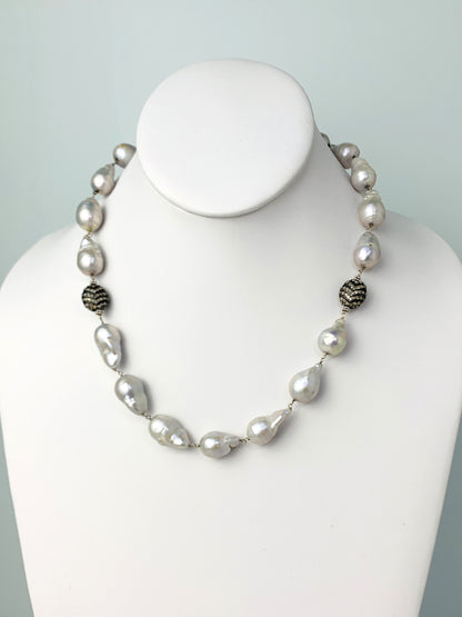18" Grey Freshwater Baroque Pearl Rosary Necklace With Blackened Pave Diamond Beads in 14KW, SS - NCK-634-DCOROSPRLDIA14WSS-GRY-18-00728 3.25ctw