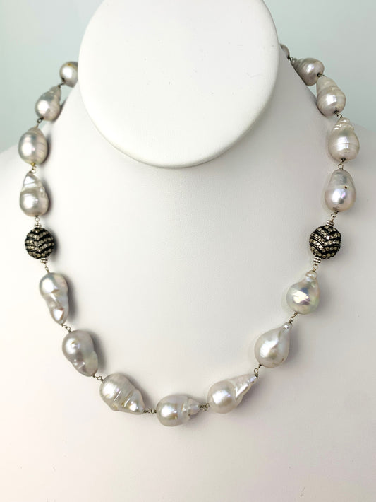 18" Grey Freshwater Baroque Pearl Rosary Necklace With Blackened Pave Diamond Beads in 14KW, SS - NCK-634-DCOROSPRLDIA14WSS-GRY-18-00728 3.25ctw