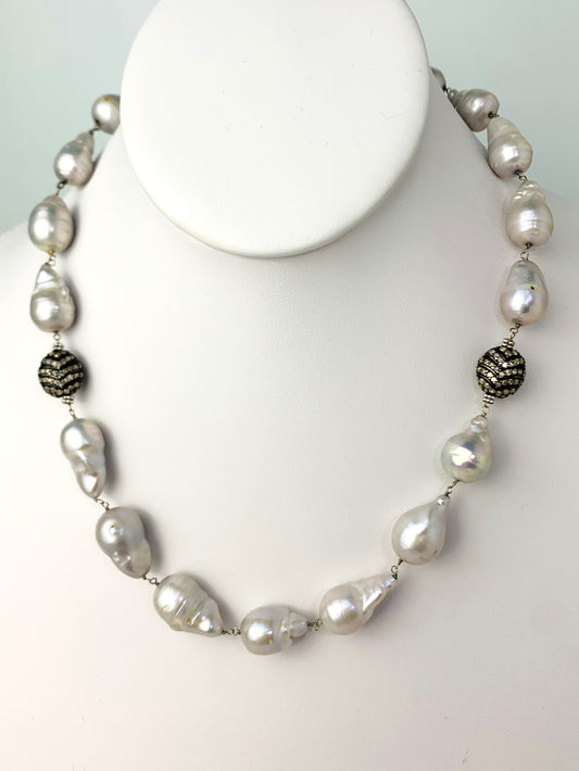 18" Grey Freshwater Baroque Pearl Rosary Necklace With Blackened Pave Beads in 14KW, SS - NCK-634-DCOROSPRLDIA14WSS-GRY-18-00728 3.25ctw