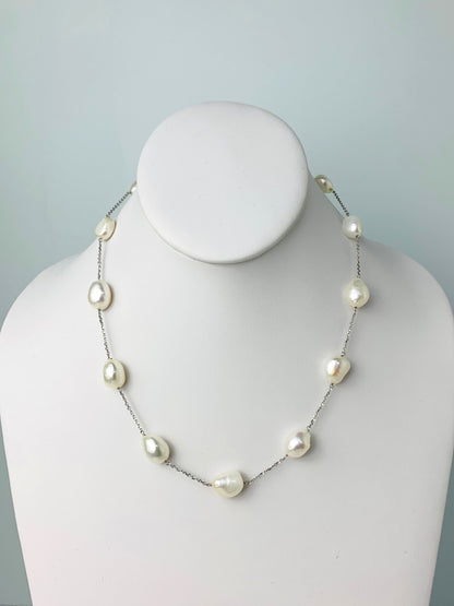 18" White Oval Freshwater Baroque Pearl Station Necklace in 14KY - NCK-635-TNCPRL14W-WH-18