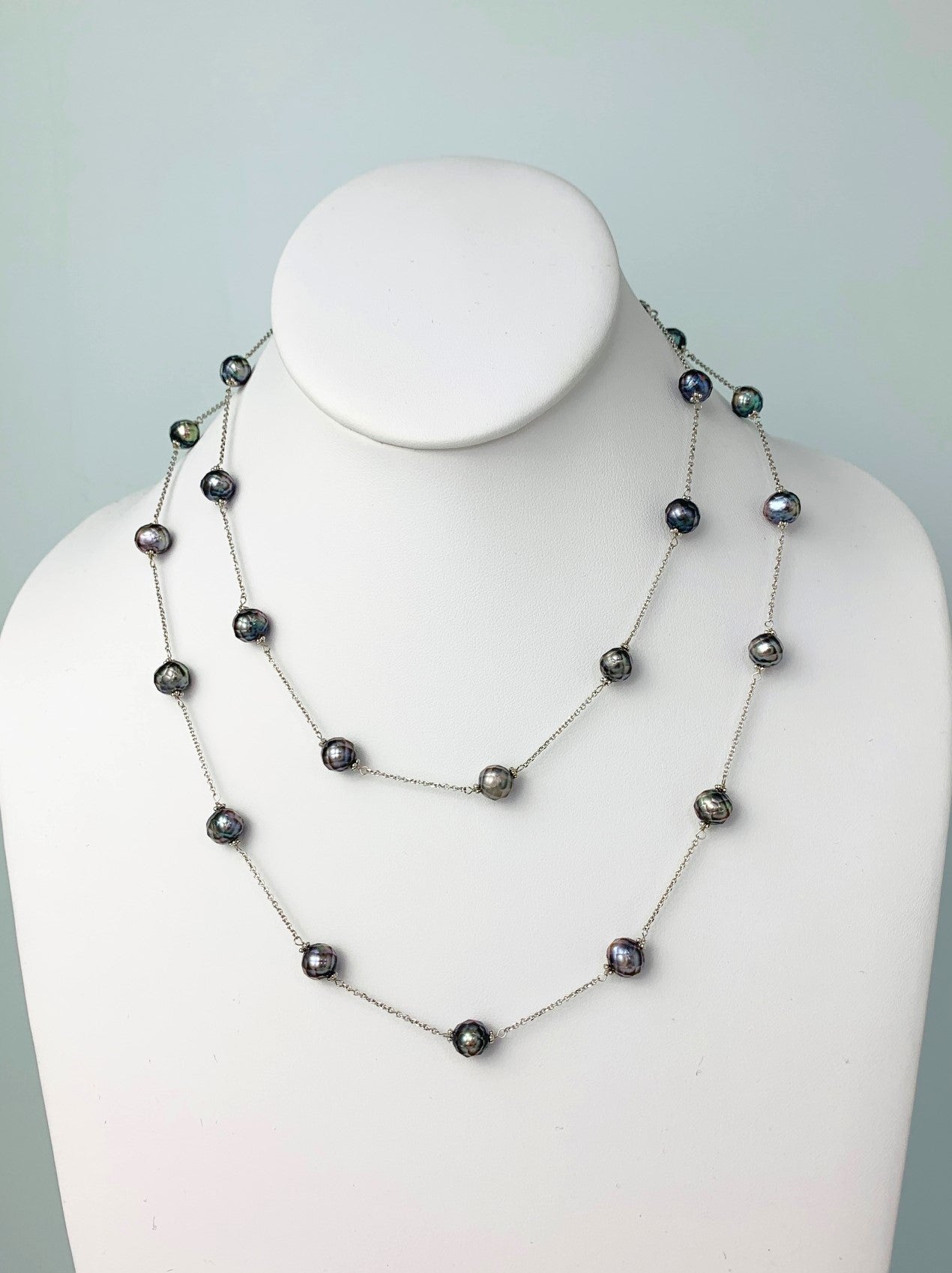 36" Faceted Peacock Freshwater Pearl Station Necklace in 14KW - NCK-638-TNCPRL14W-PCK-36
