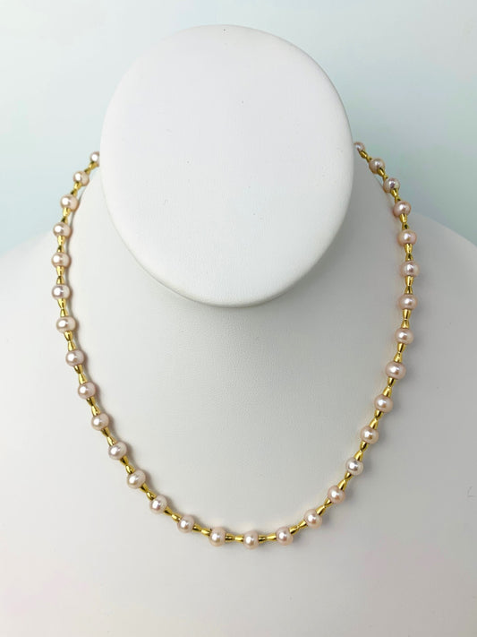 17" Freshwater Pearl And Gold Bead Necklace in 14KY - NCK-700-CRDPRL14Y-PK-17