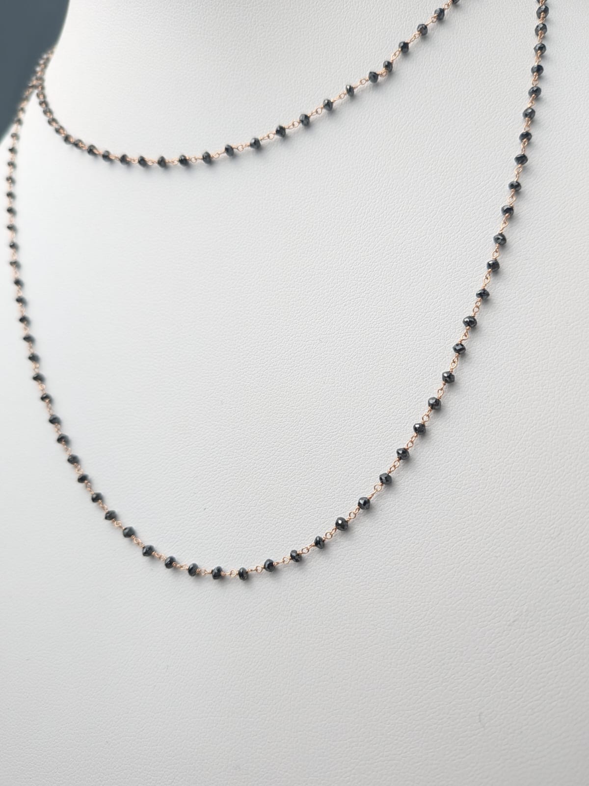 36" Black Diamond Round Rosary Necklace in 14KY, 14KW, and 14KR