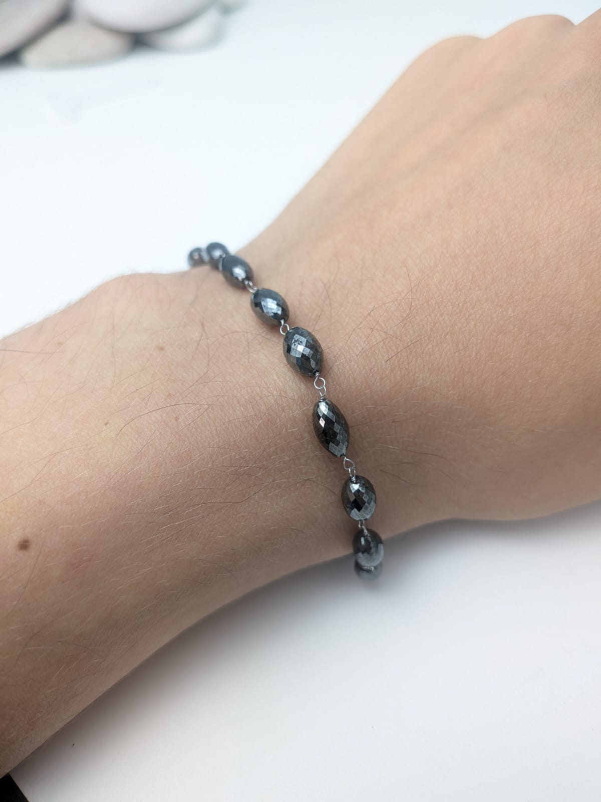 7" Black Diamond Oval Rosary Bracelet in 14KW
