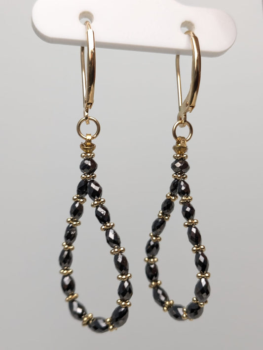 Black Diamond Oval Pear Drop Earrings With Gold Rondelles in 14KW and 14KY Gold