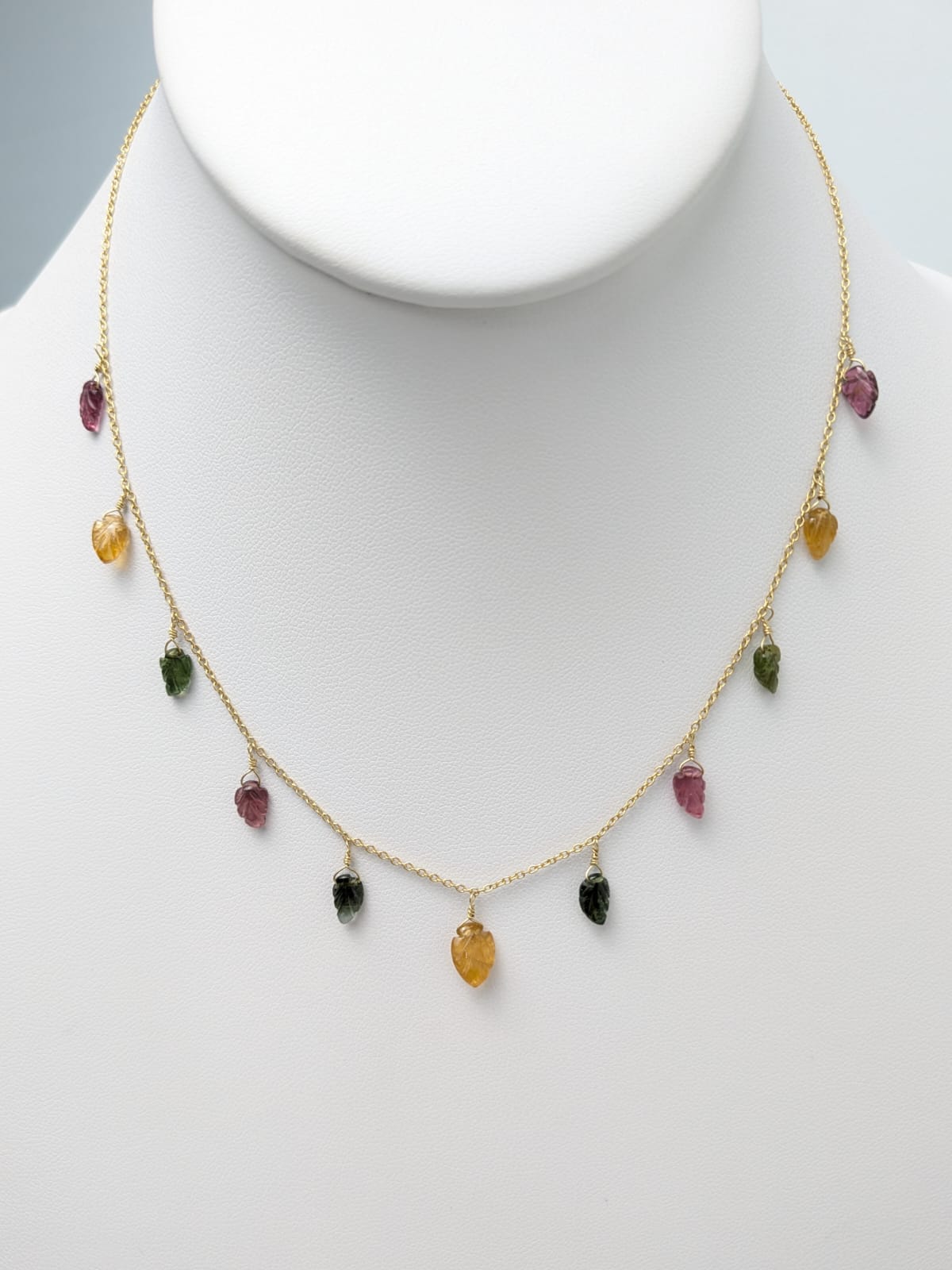 16" Carved Tourmaline Station Dangly Necklace in 18KY - NCK-714
