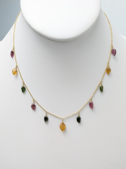 15.5" Carved Tourmaline Station Dangly Necklace in 18KY - NCK-714