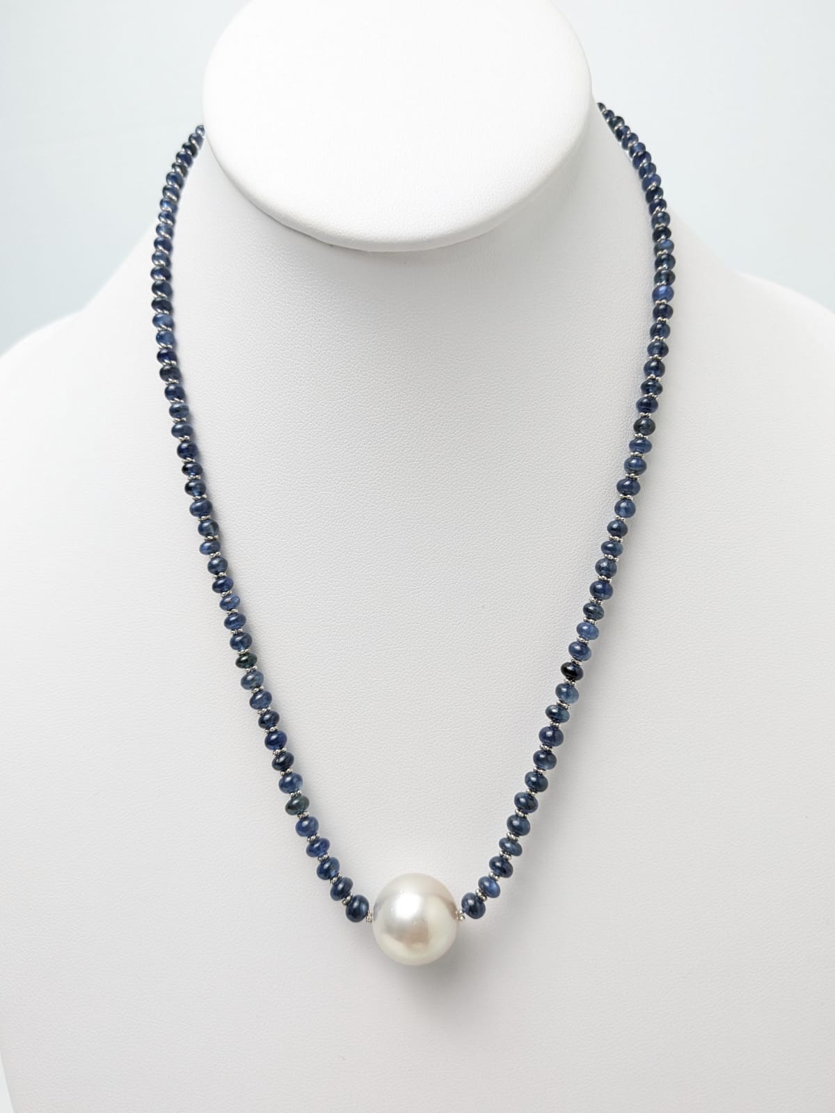 19" Blue Sapphire Strand Necklace with Pearl Drop and 14KW Gold Rondelle Accents NCK-751