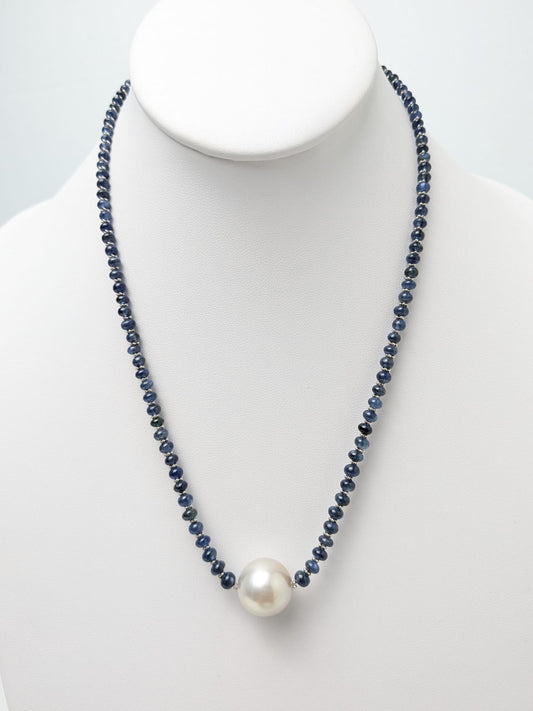 19" Blue Sapphire Strand Necklace with Pearl Drop and 14KW Gold Rondelle Accents NCK-751