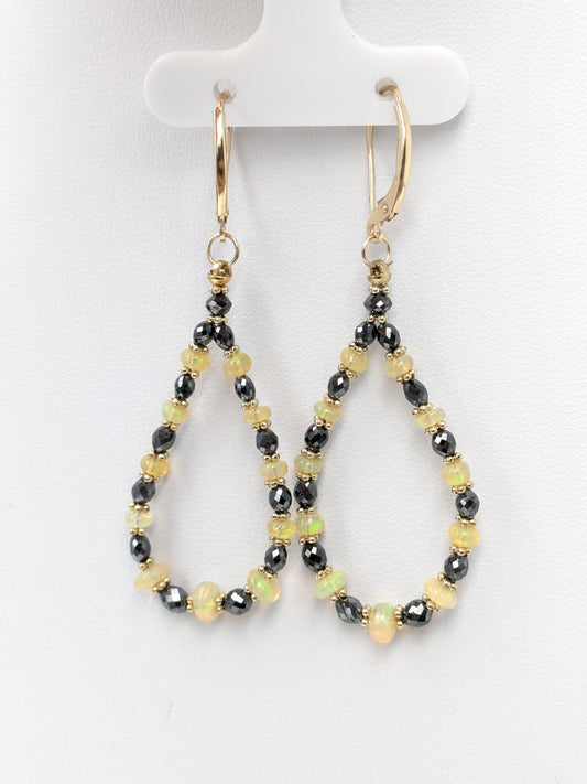 Deal of the Day - Opal and Black Diamond Hoop Earrings