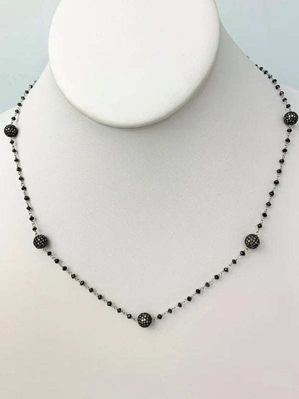 18"-31" Black Diamond Rosary Necklace With Blackened Sterling Silver Pave Diamond Beads