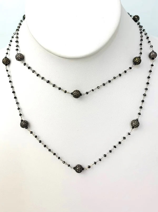 18"-31" Black Diamond Rosary Necklace With Blackened Sterling Silver Pave Diamond Beads