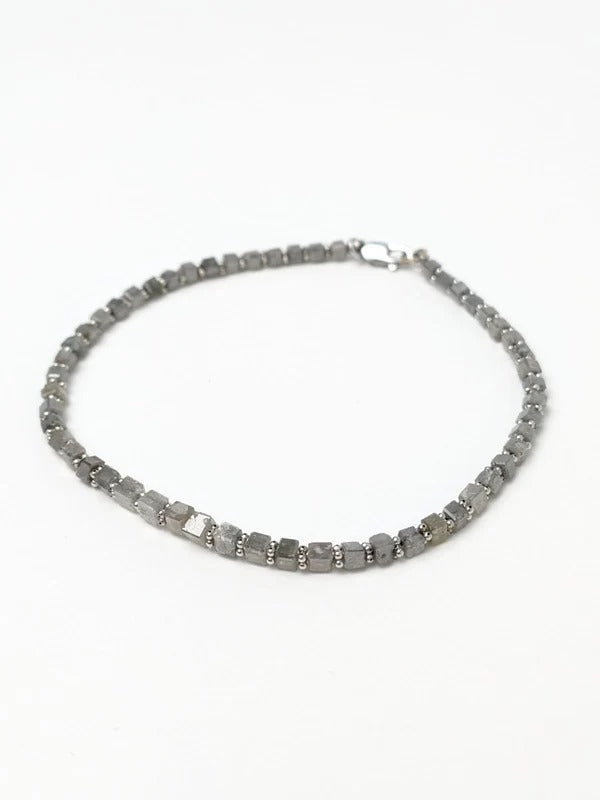 Grey Diamond Cube Solid Strand Bracelet with Rondelle Accents in 14KW and 14KY