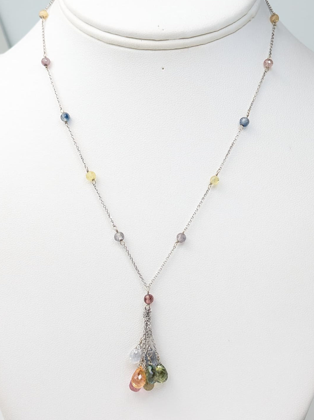 16" Multicolor Sapphire Tassel Necklace in 14KW - NCK-717