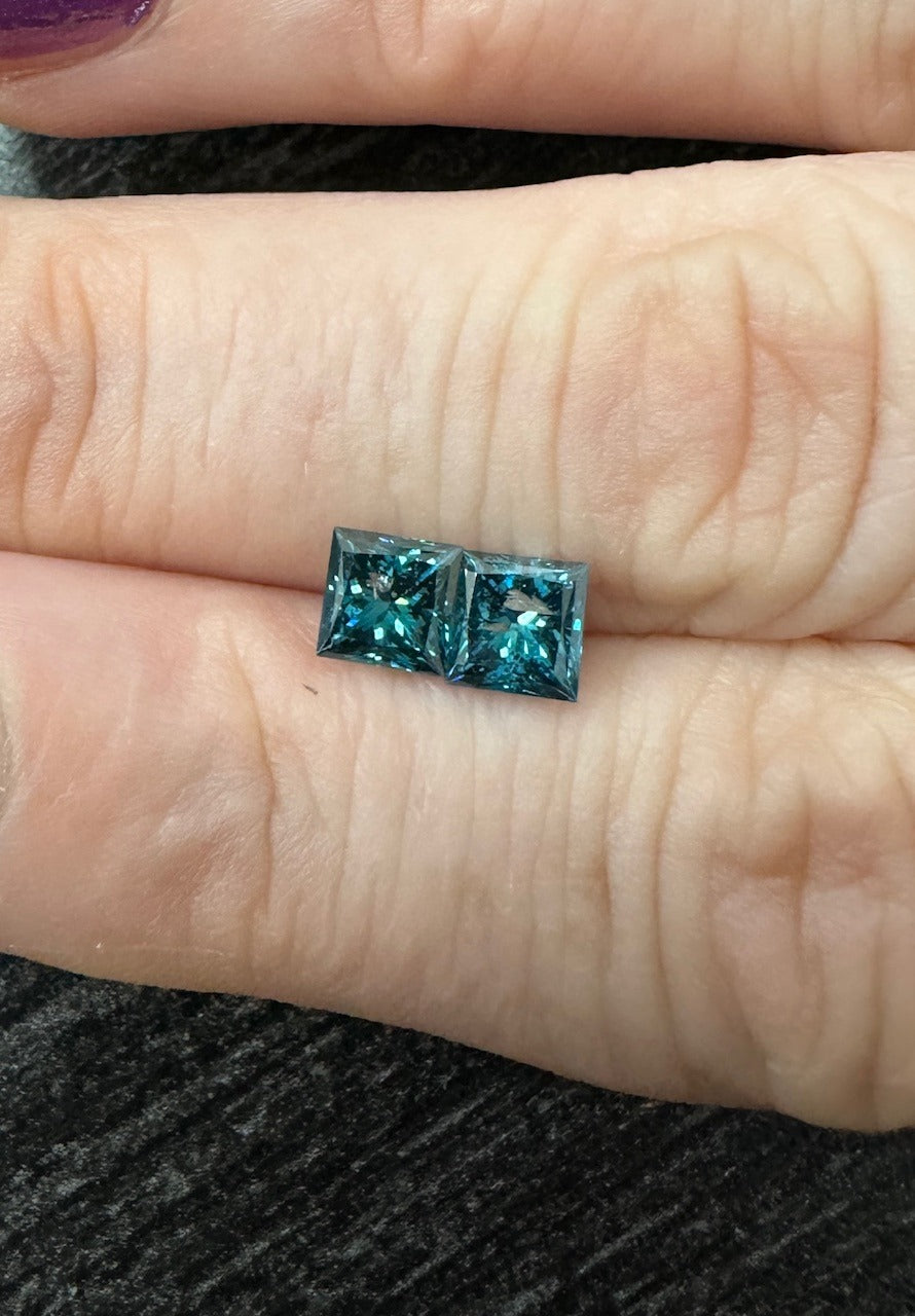 CLOSEOUT - Pair of Princess Cut Blue Diamond Full Cut - 1.41cts total - 06975