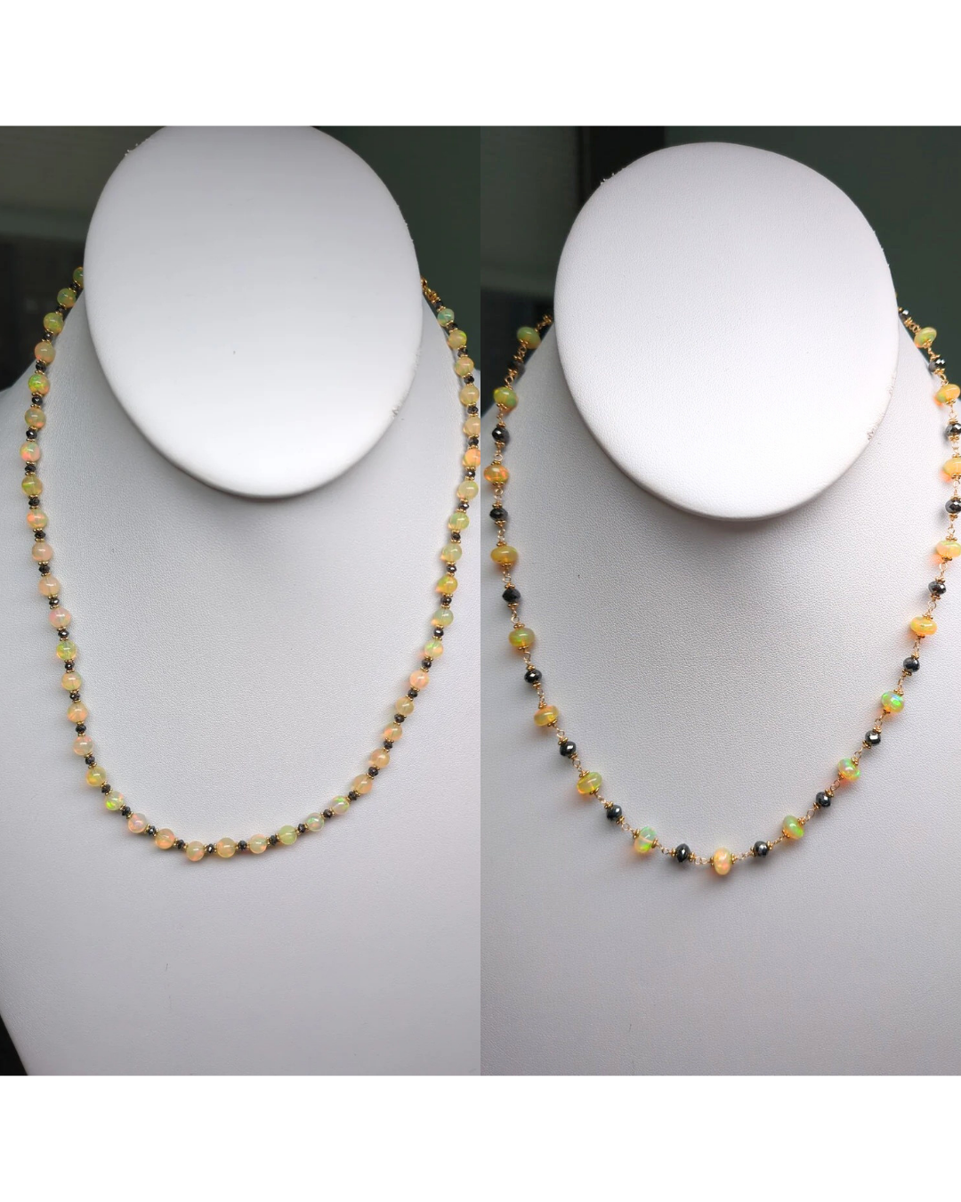 Deal of the Day - 16-19" Opal and Black Diamond Rosary/Strand Necklace in 14KY