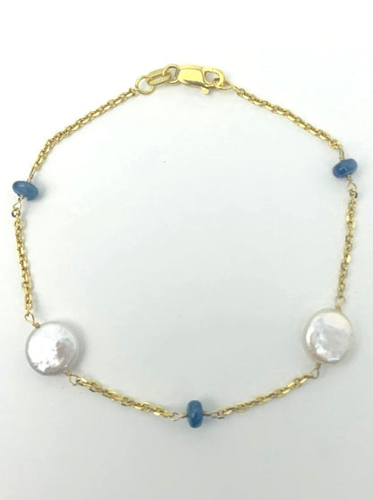 Blue Sapphire and Coin Pearl Station Bracelet in 14KY - BRC-008-TNCPRLGM-14Y-WHBS-7