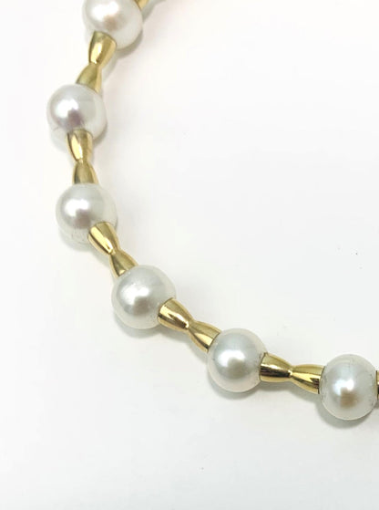 7" White Freshwater Cultured Pearl Bracelet With Yellow Gold Beads in 14KY - BRC-013-CRDPRL14Y-WH-7