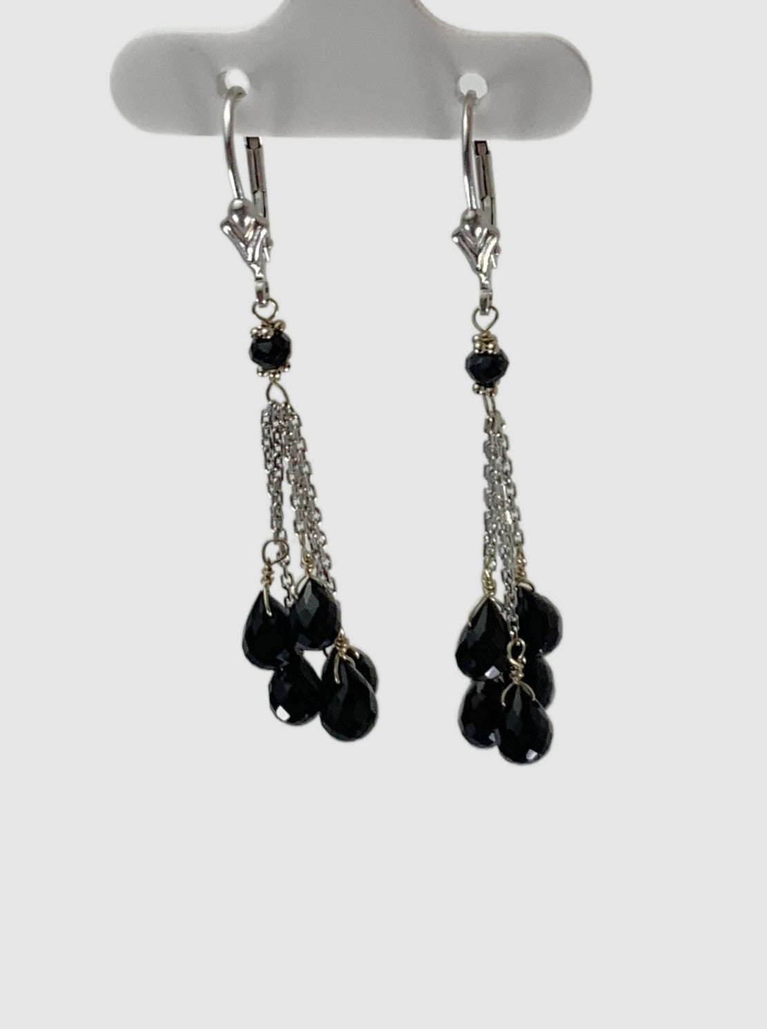 Onyx 5 Stone Tassel Earrings in 14KW - EAR-028-5DTSGM14W-OX