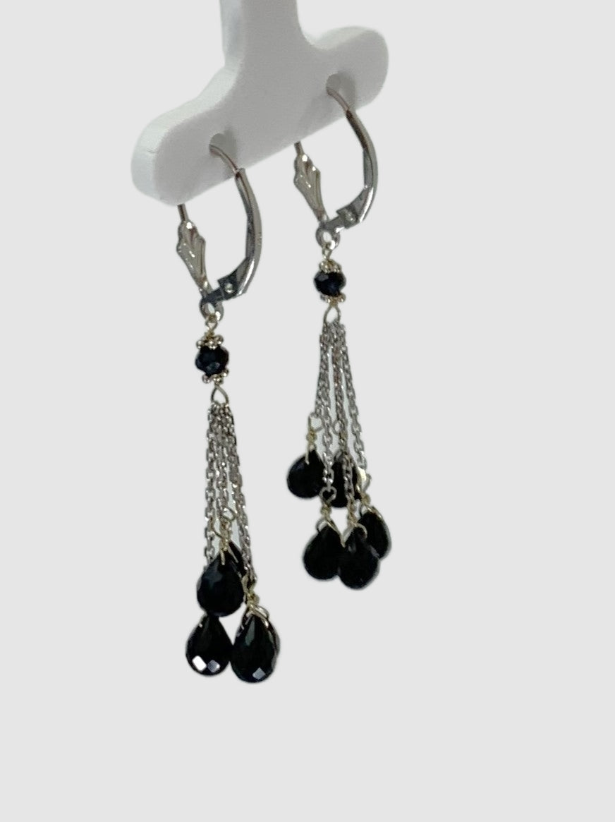 Onyx 5 Stone Tassel Earrings in 14KW - EAR-028-5DTSGM14W-OX