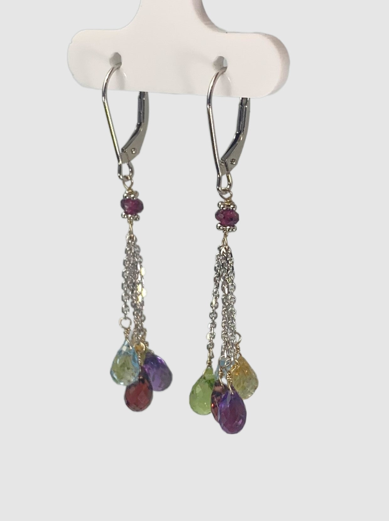 Multicolored Gemstone 5 stone Tassel Earrings 14KW - EAR-028-5DTSGM14W-MLTI