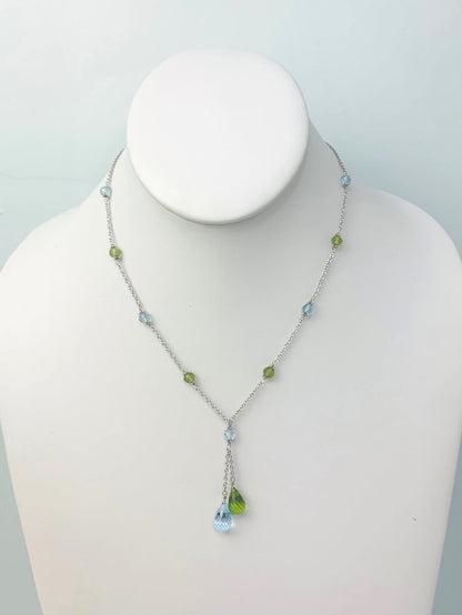 16" - 17" Peridot and Blue Topaz Lariat Necklace in 14KW - NCK-020-LARGM14W-PDTBT-16