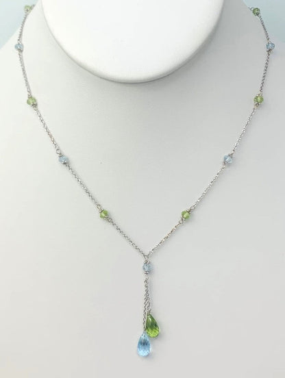 16" - 17" Peridot and Blue Topaz Lariat Necklace in 14KW - NCK-020-LARGM14W-PDTBT-16