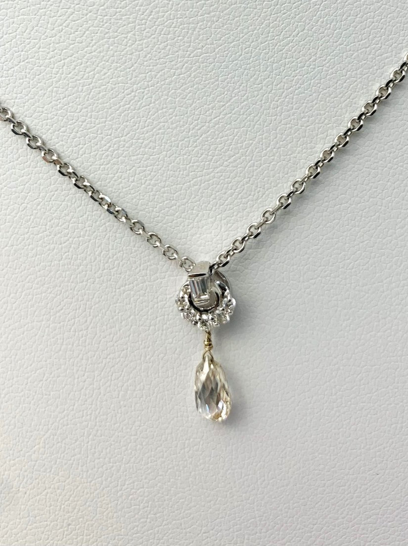 16" Diamond Circle with Baguette Detail and Briolette Drop Necklace in 14KW - NCK-057-DRPDIA14W-WH-16 1ctw
