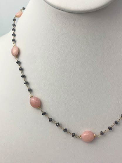 18" Pink Opal and Black Diamond 7 Station Rosary Necklace in 14KY - NCK-066-ROSDIAGM14Y-BLKPKO-18 7ctw