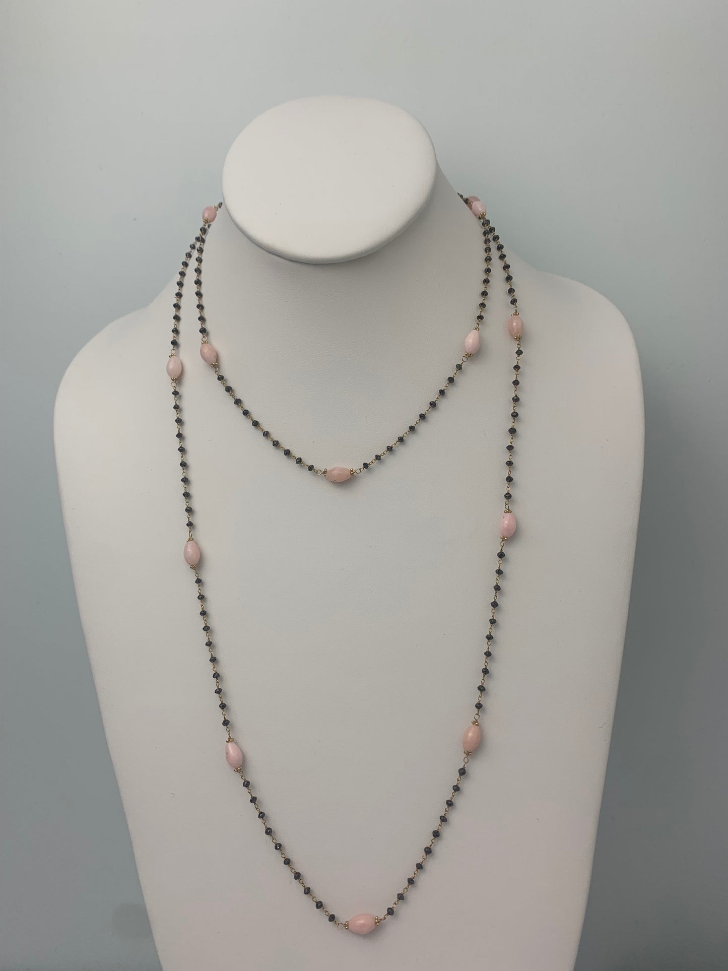41" Pink Opal and Black Diamond 14 Station Rosary Necklace in 14KY - NCK-068-ROSDIAGM14Y-BLKPKO-41 14.20ctw